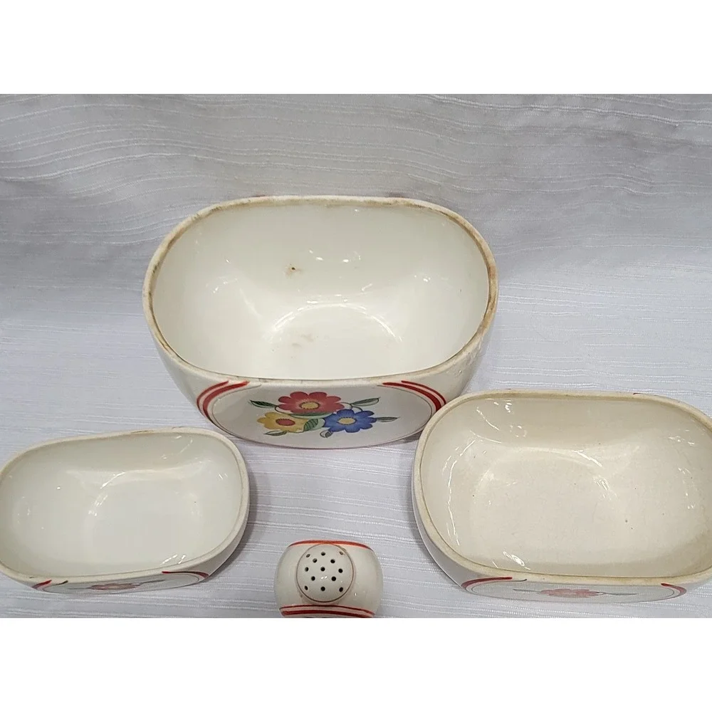 Vintage Floral Ceramic Nesting Canister Set 7pc Cream Red Blue Yellow Shaker